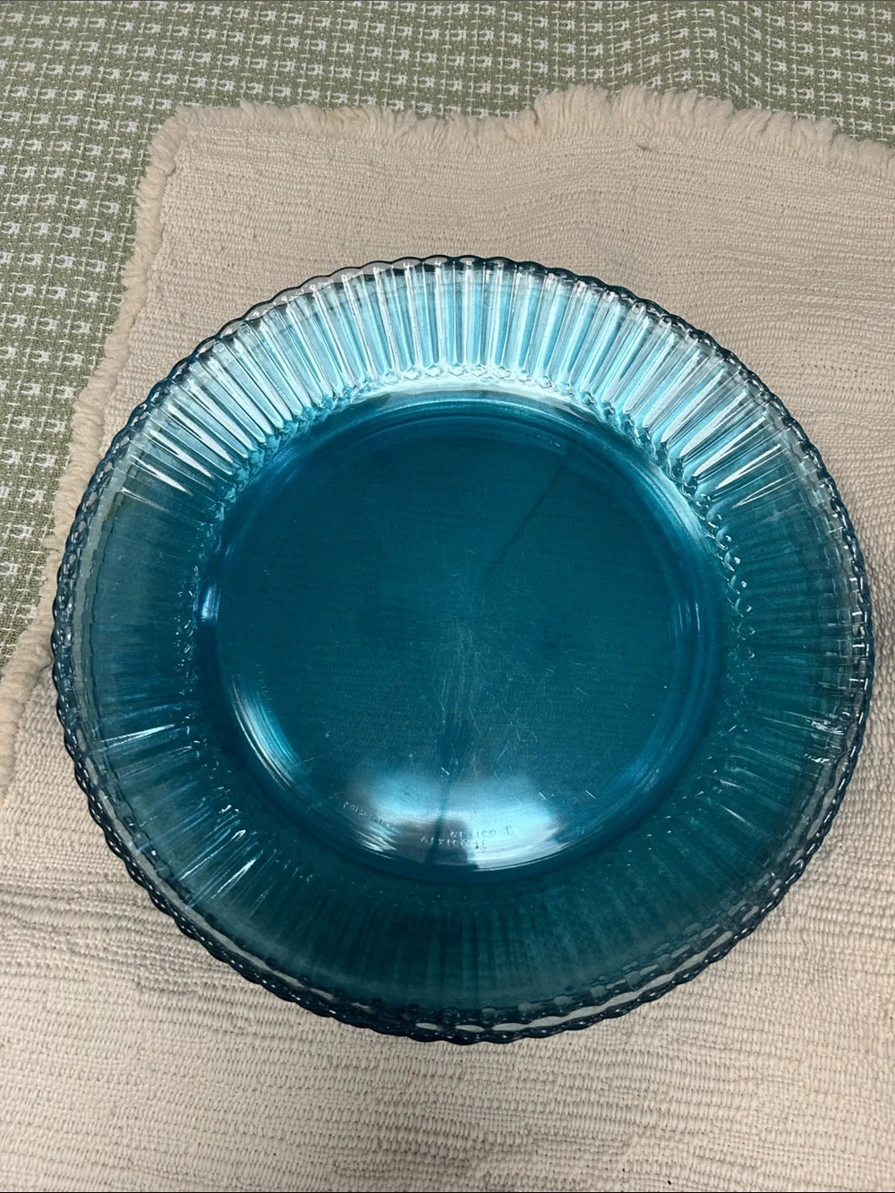 Fortecrista Blue Glass Dinner Plates - Set/4 Ribbed Accent Plates, ea 10” dia.